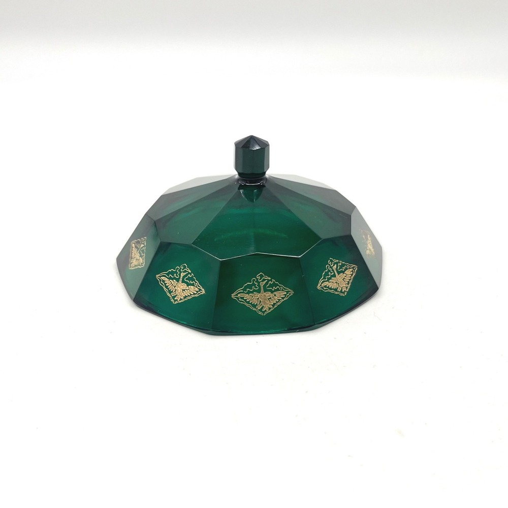 Vintage Emerald Green Faceted Glass Replacement Lid Gold Etched Bird‎ 3.5 Inch